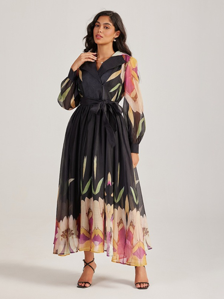 Women Accessories Picture - Vestido Longo Estampado com Gola Lapela